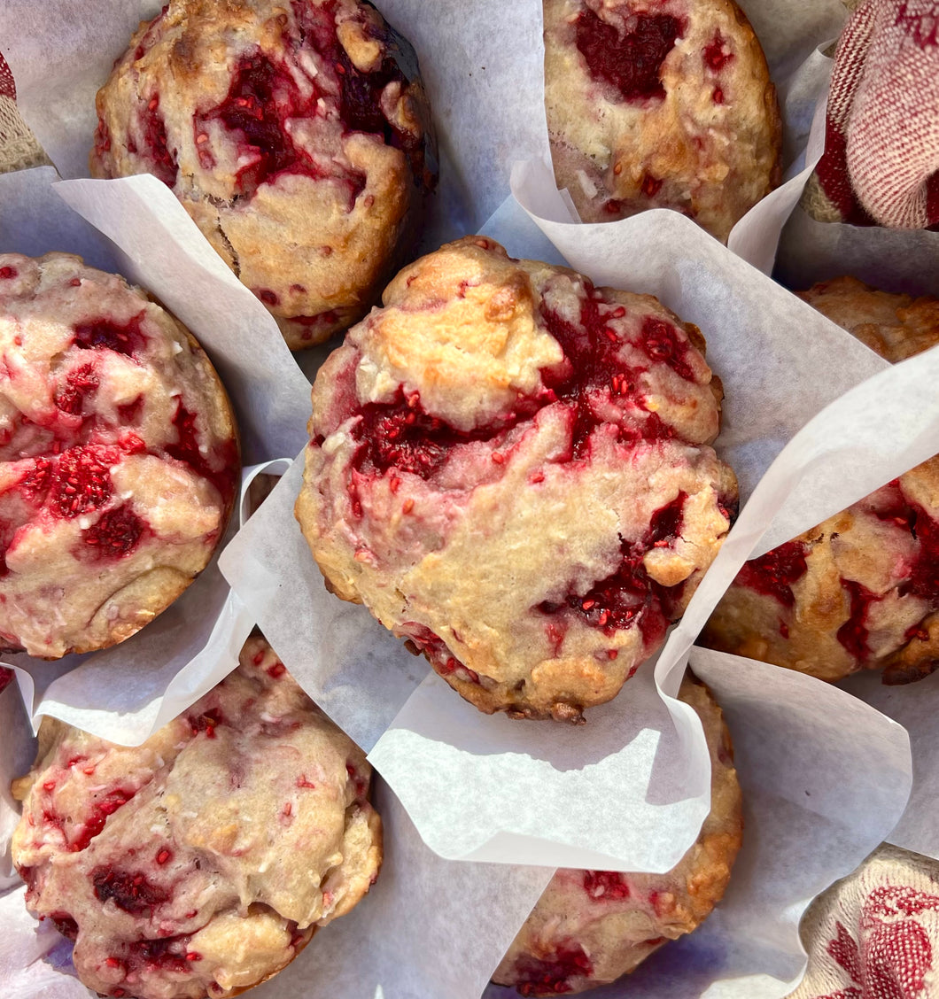 “Not Too Sweet Organic Treats” Farmer Lisa’s Famous Organic Raspberry Coconut Kefir Muffins